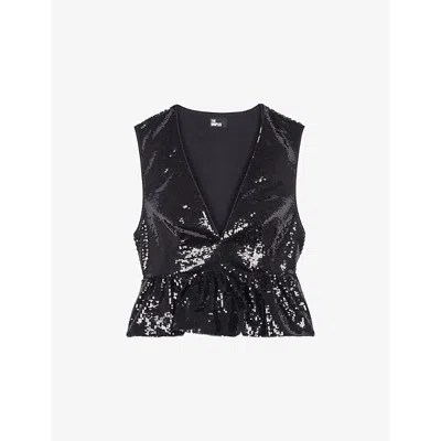 The Kooples Womens  V-neck Ruffle-hem Woven Top In Black Stone