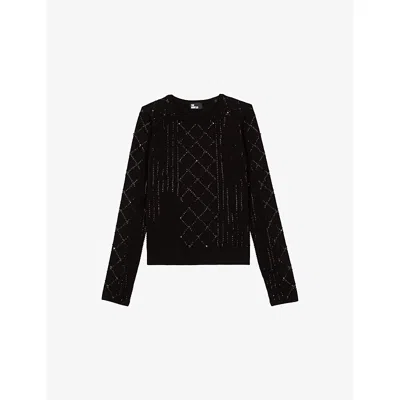The Kooples Womens  Stud-embellished Long-sleeve Knitted Jumper In Black