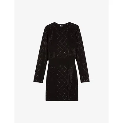 The Kooples Womens  Stud-embellished Long-sleeve Knitted Mini Dress In Brown