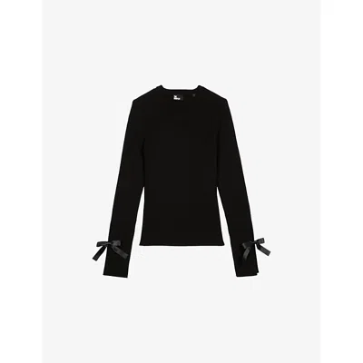 The Kooples Womens Black Tie-cuff Ribbed Knitted Jumper Xs
