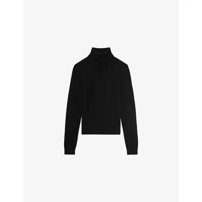 The Kooples Womens Black Turtleneck Brand-embroidered Cashmere-blend Jumper