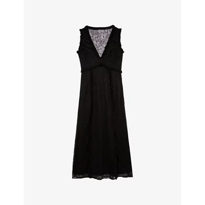 The Kooples Womens V-neck Ruffle-trim Woven Midi Dress Black