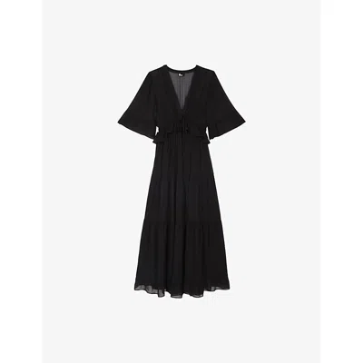 The Kooples Womens Black V-neck Short-sleeve Woven Midi Dress Xs