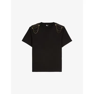 The Kooples Womens Black Washed Epaulette-embellished Relaxed-fit Cotton-jersey T-shirt