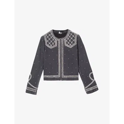 The Kooples Womens  Pearl And Stud Embellished Denim Jacket In Black Washed