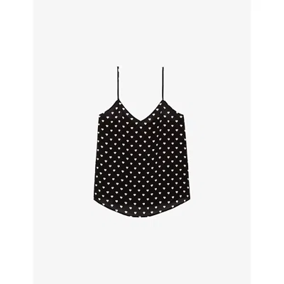 The Kooples Womens Black White Heart-print V-neck Satin Top