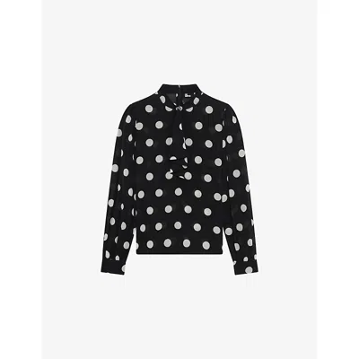 The Kooples Womens Black White Polka-dot Long-sleeve Silk-blend Blouse