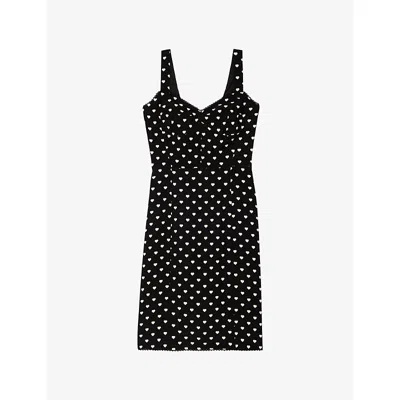 The Kooples Womens Black White V-neck Heart-print Woven Midi Dress