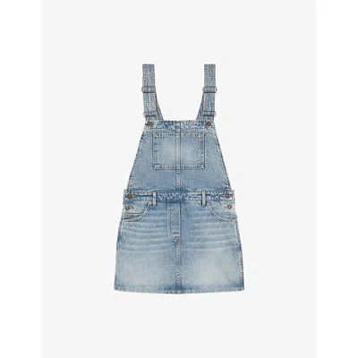 The Kooples Womens Blue Bleached / Navy Square-neck Patch-pocket Denim Dungaree Dress