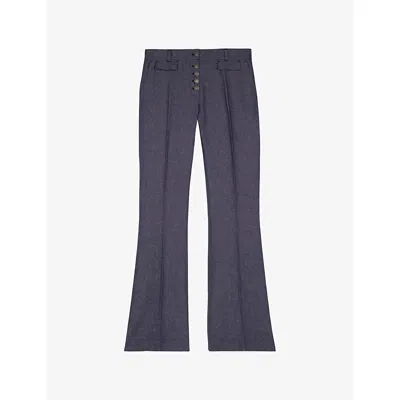 The Kooples Womens Button-down Flare-leg Cotton-linen Trousers Blue
