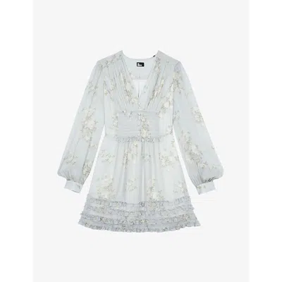 The Kooples Womens Floral-print Long-sleeve Woven Mini Dress Blue Xl