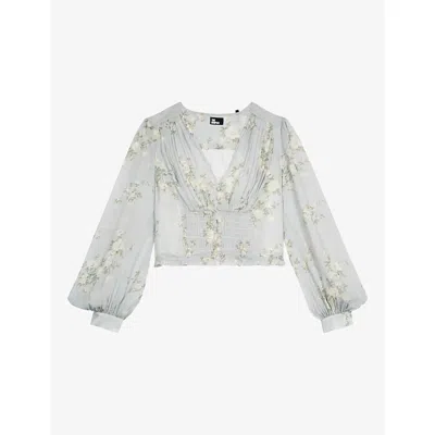 The Kooples Womens Floral-print Ruffled-hem Woven Top Blue