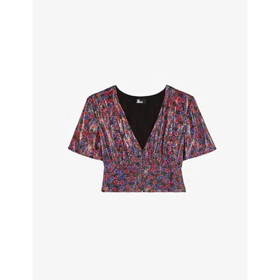The Kooples Womens Blue Red Floral-print V-neck Cropped Silk-blend Top