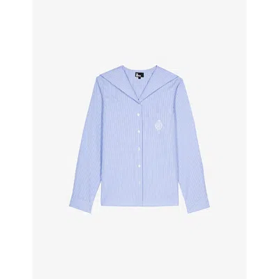 The Kooples Womens Blue White Logo-embroidered Open-collar Cotton Shirt Xs