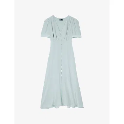 The Kooples Womens  Buttoned V-neck Silk Midi Dress In Blue/green