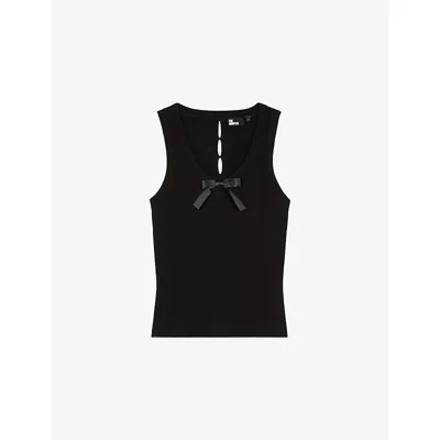 The Kooples Womens Black Bow-embellished Round-neck Woven Top
