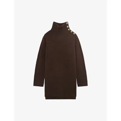 The Kooples Womens Brown Funnel-neck Knitted Wool Mini Dress