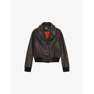 The Kooples Womens Brown Short Lapel-collar Leather Jacket