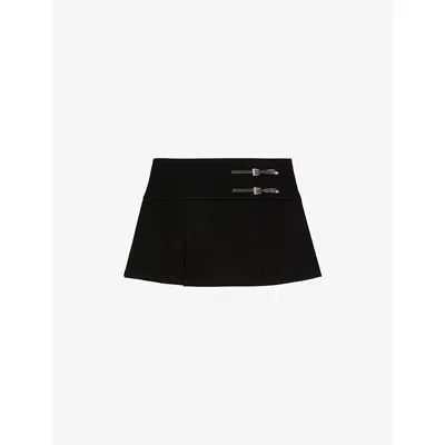 The Kooples Womens Black Buckle-embellished Wrap-front Cotton-blend Mini Skirt
