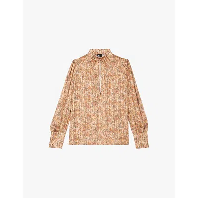 The Kooples Womens  Graphic-print Cut-out Silk Top In Camel / Brown