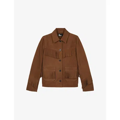 The Kooples Womens Camel Fringed Button-down Suede Jacket In Brown