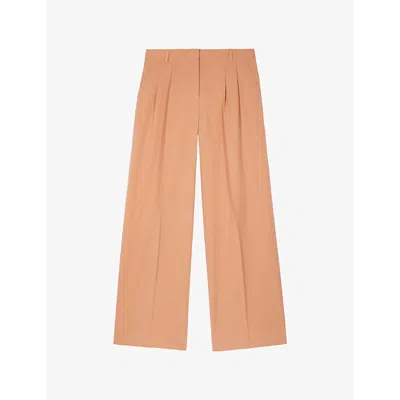 The Kooples Womens Camel Pleated-front Wide-leg High-rise Lyocell, Linen And Cotton Trousers In Brown