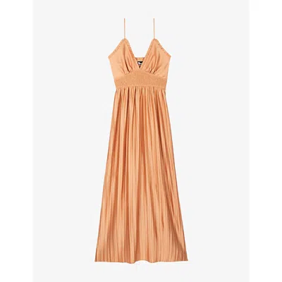 The Kooples Womens Camel V-neck Shirred-waist Woven Maxi Dress In Brown