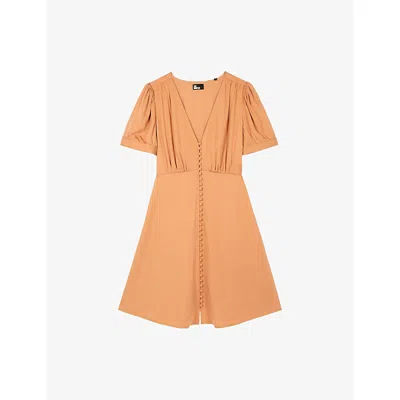 The Kooples Womens Camel V-neck Short-sleeve Woven Mini Dress Xs In Brown