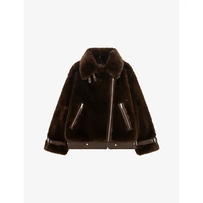 The Kooples Womens Belted-hem Faux-fur Aviator Jacket Chocolate In Animal Print