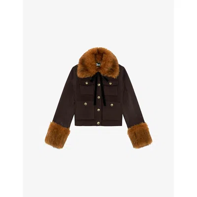 The Kooples Womens Chocolate Four-pocket Faux-fur Wool-blend Jacket In Brown