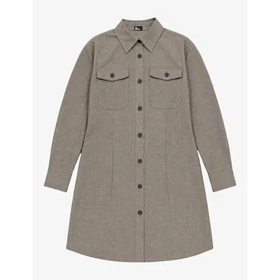 The Kooples Womens Collared Button-down Wool-blend Shirt Dress Beige In Multi