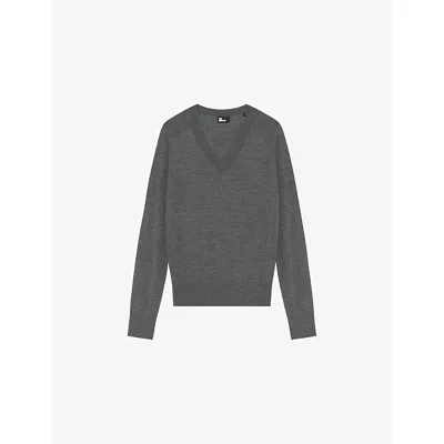 The Kooples Womens Dark Grey Melange V-neck Wool Knitted Jumper In Gray