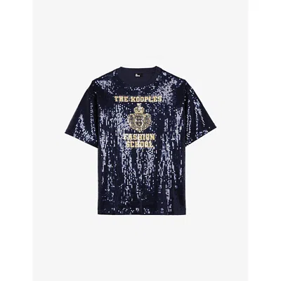 The Kooples Womens Dark Navy Brand-print Sequin-embellished Stretch-cotton T-shirt