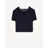 The Kooples Womens Dark Navy-ecru Logo-embroidered Short-sleeve Cotton And Cashmere-blend Jumper In Dark Navy-ecru