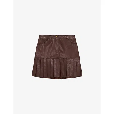 The Kooples Womens Ebene Pleated-hem High-rise Leather Mini Skirt In Brown