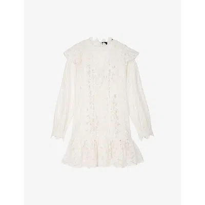 The Kooples Womens  Frilled-trim Floral-lace Mini Dress In Ecru
