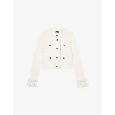The Kooples Womens Ecru Waffle Ruffled-cuff Knitted Cardigan
