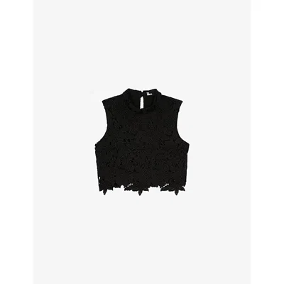 The Kooples Womens Black Floral-pattern Cropped Guipure-lace Top