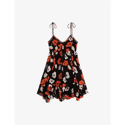 The Kooples Womens Black Red Off White Floral-print Asymmetric-hem Woven Mini Dress In Multi