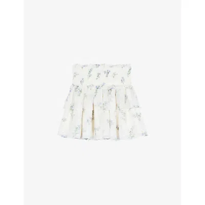 The Kooples Womens White / Sky Blue Floral-print Shirred-waist Woven Mini Skirt In Multi