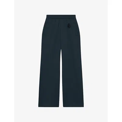 The Kooples Womens Forest Logo-embroidered Elasticated-waist Cotton-jersey Jogging Bottoms Xs In Blue