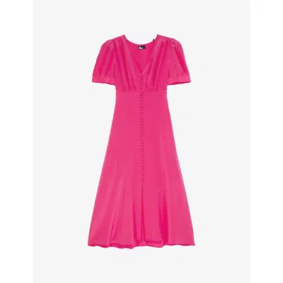 The Kooples Womens Fushia Buttoned V-neck Silk Midi Dress Xl
