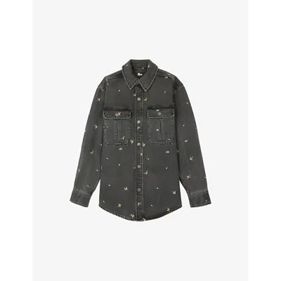 The Kooples Womens Grey Flower-embroidered Relaxed-fit Denim Shirt