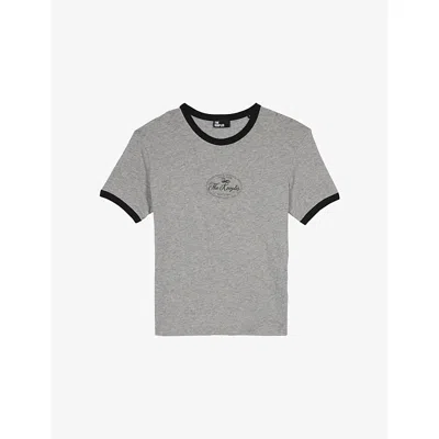 The Kooples Womens Grey Melange Branded-print Short-sleeved Cotton-jersey T-shirt
