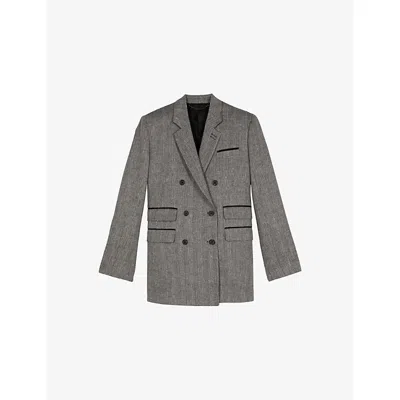 The Kooples Womens Notch-lapel Double-breasted Wool And Linen-blend Blazer Grey