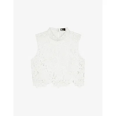 The Kooples Womens Ecru High-neck Lace-embroidered Short Woven Top Xs In White