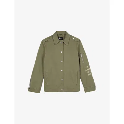 The Kooples Womens Kaki Graphic-embroidered Regular-fit Cotton Jacket In Brown