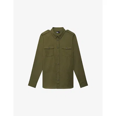 The Kooples Womens Kaki Long-sleeved Chest-pocket Cotton Shirt In Green
