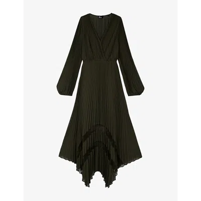 The Kooples Womens Kaki Pleated V-neck Woven Maxi Dress In Black