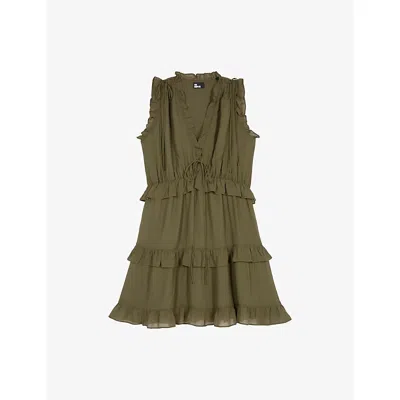 The Kooples Womens Ruffled-trim V-neck Woven Mini Dress Kaki In Brown